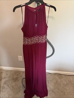 R&M Richards Wine Halter Gown with Beaded Waist